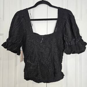 FREE PEOPLE Spring Fling Floral Knit Top Black NWT NEW Medium Crop Puff Sleeves